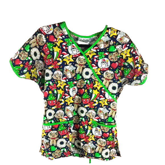 V A Scrubs Women's Scrub Top Size Small Christmas Gingerbread Men Penquin Candy - Picture 6 of 6